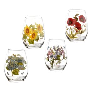 portmeirion botanic garden stemless wine glasses | set of 4 wine glasses | ideal for white wine, red wine, or cocktails | 19 oz wine glasses with assorted motifs
