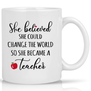 cabtnca teacher appreciation gifts for women, she believed she could change the world so she became a teacher mug, teacher gifts for women, mothers day christmas birthday gifts for teacher, 11oz