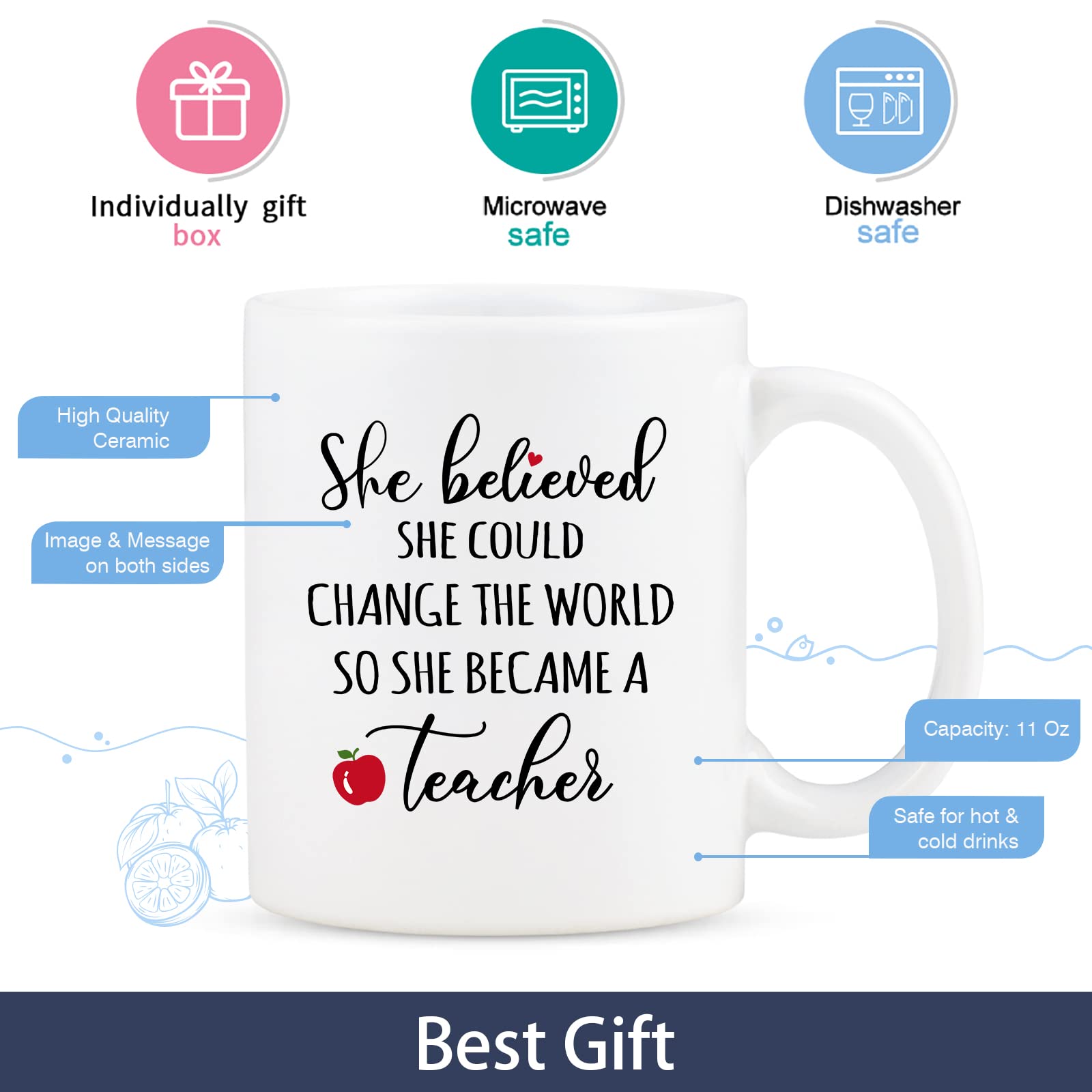 Cabtnca Teacher Appreciation Gifts for Women, She Believed She Could Change The World So She Became A Teacher Mug, Teacher Gifts for Women, Mothers Day Christmas Birthday Gifts for Teacher, 11Oz