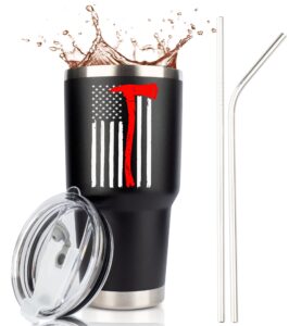 jenvio firefighter gifts for men | stainless steel travel tumbler/mug with two lids and gift box | thin red line flag design for fireman gift | christmas department | first responder