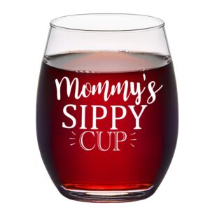 mommy's sippy cup stemless wine glass 15oz funny wine glass, gift idea for mother's day birthday christmas, wine gifts for mom, women, new mom, pregnant mom
