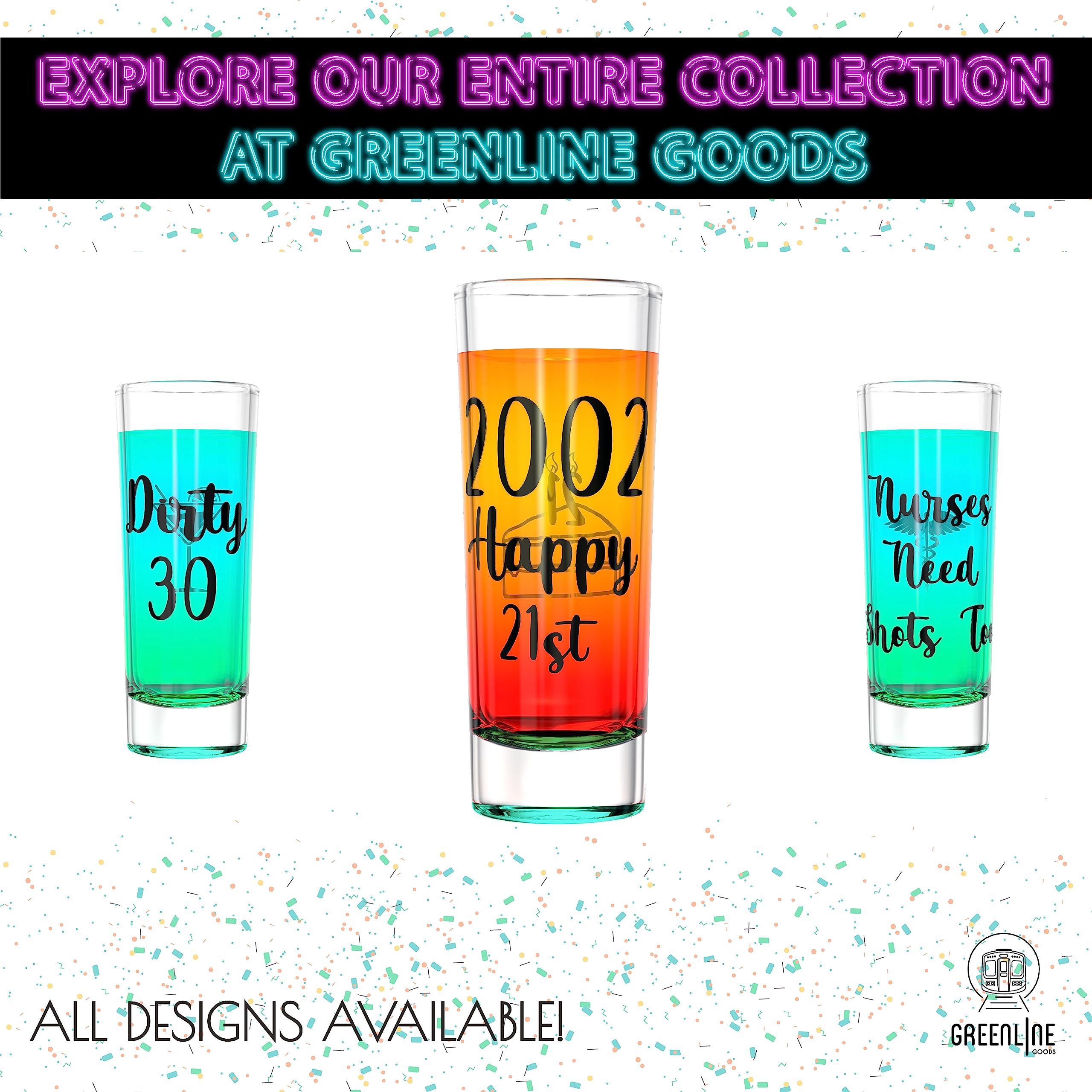 Greenline Goods 21st Birthday Shot Glass - 2002 Party Decorations For Him or Her - 2 oz With Colored Base - Finally 21 Legal