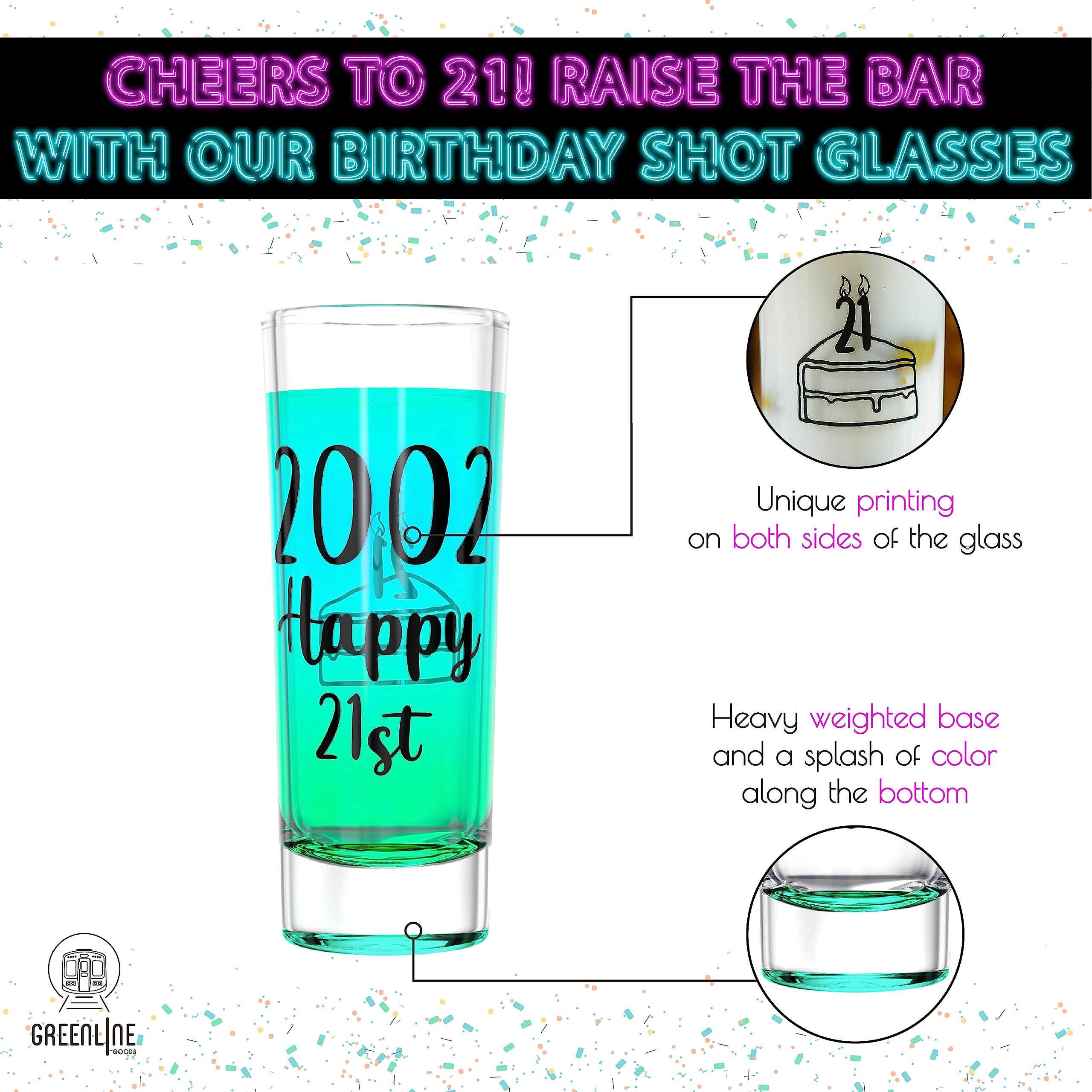 Greenline Goods 21st Birthday Shot Glass - 2002 Party Decorations For Him or Her - 2 oz With Colored Base - Finally 21 Legal