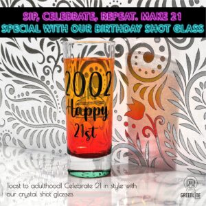 Greenline Goods 21st Birthday Shot Glass - 2002 Party Decorations For Him or Her - 2 oz With Colored Base - Finally 21 Legal