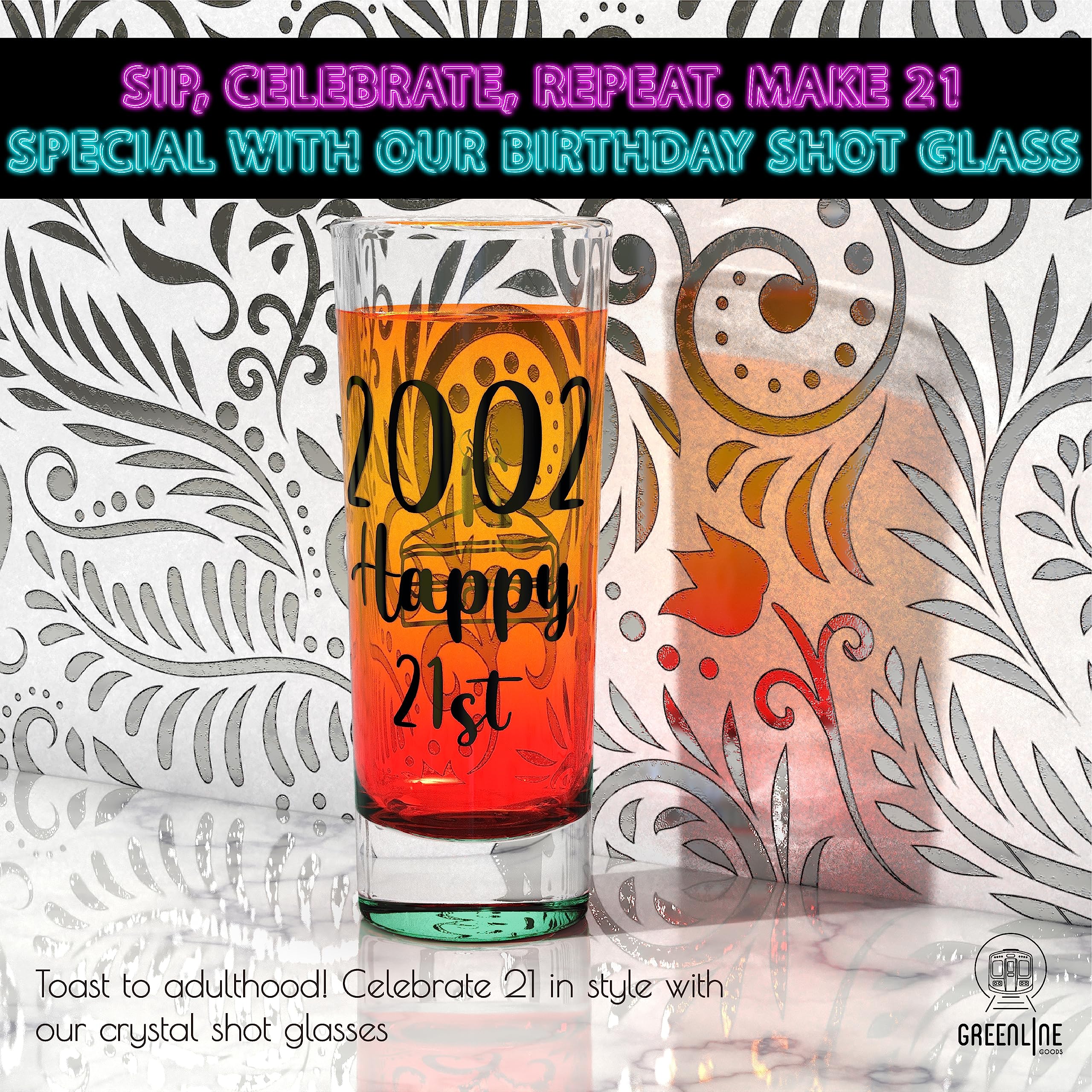 Greenline Goods 21st Birthday Shot Glass - 2002 Party Decorations For Him or Her - 2 oz With Colored Base - Finally 21 Legal