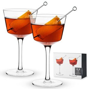 viski nick and nora glasses, stemmed drinkware, premium crystal cocktail glasses, cocktail coupe glasses, home and bar glass cups, set of 2, 6oz