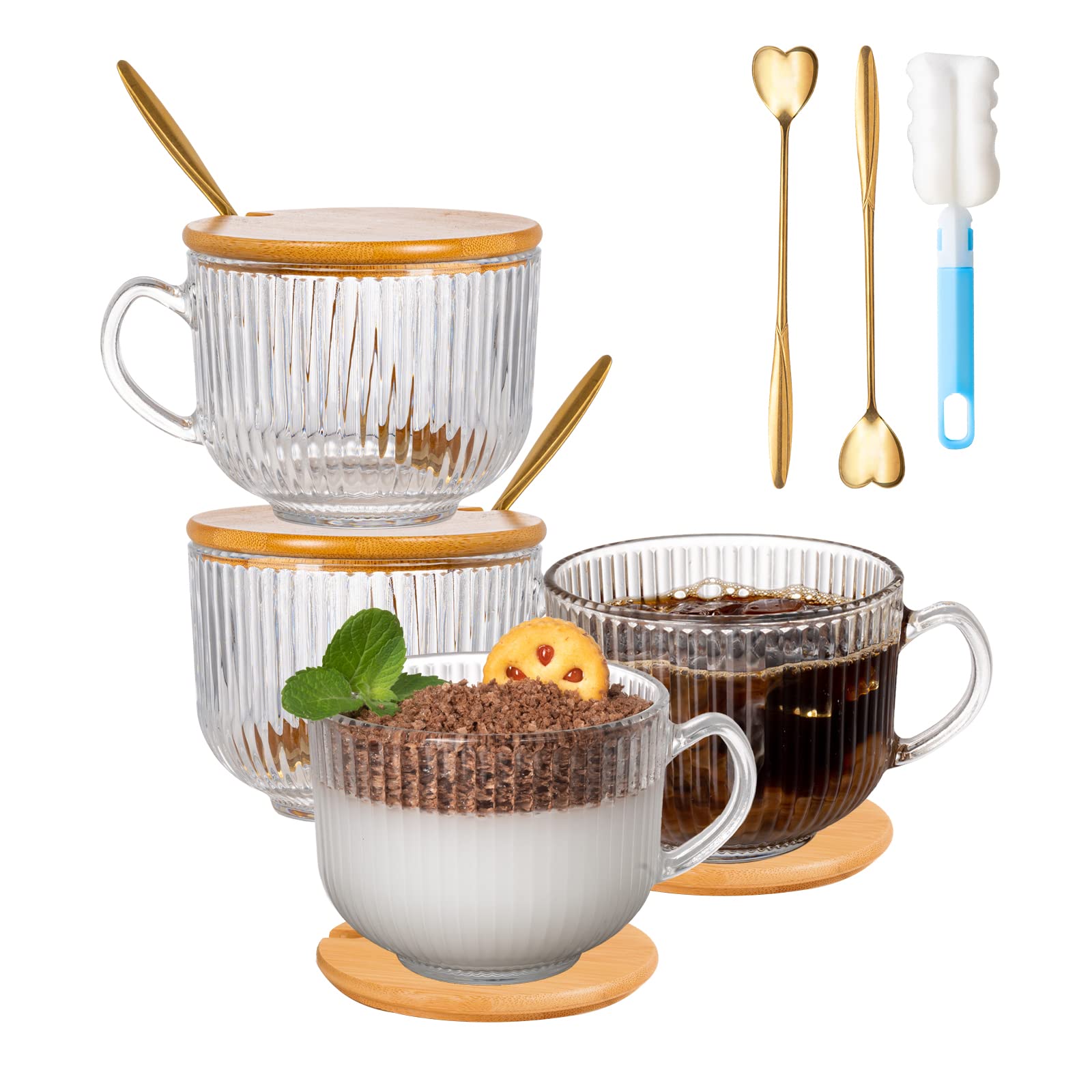 megarte Vintage Glass Coffee Mugs - 14 Oz Ribbed Mugs with Bamboo Lids and Golden Spoons Set Of 4 - Coffee Cups for Cappuccino, Latte, Cereal, Yogurt, Tea Christmas Thanksgiving Gifts