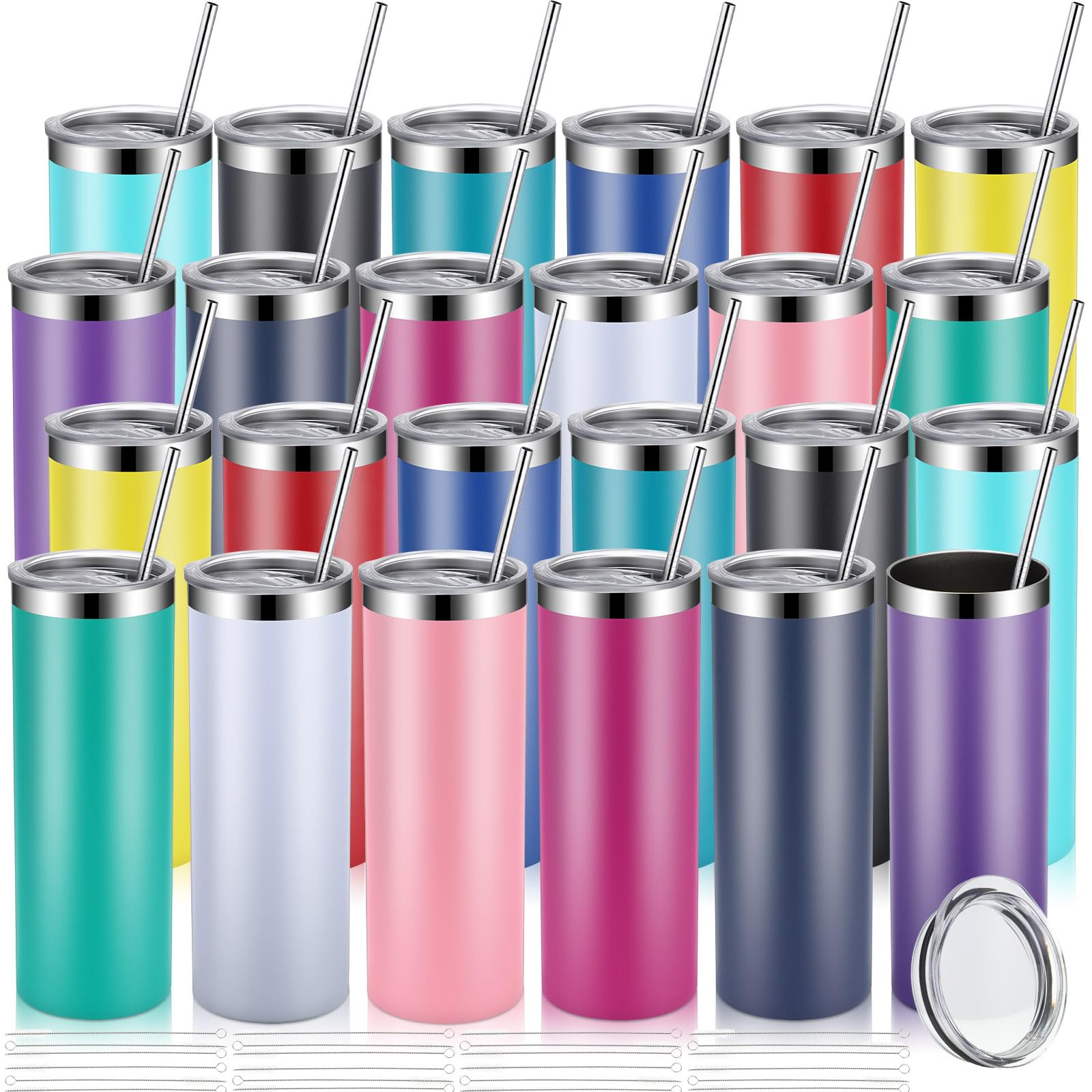 Remagr Skinny Tumblers 20 Oz Stainless Steel Tumbler Bulk with Lids and Straws Blank Slim Insulated Cup Double Layer Water Tumbler for Travel, DIY(Mixed Colors,24 Pcs)