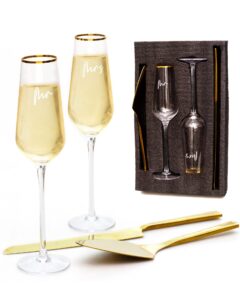 j&a homes gold wedding cake knife server set and toasting flutes - reception bride groom wedding party champagne glasses pie cake cutting engagement gift