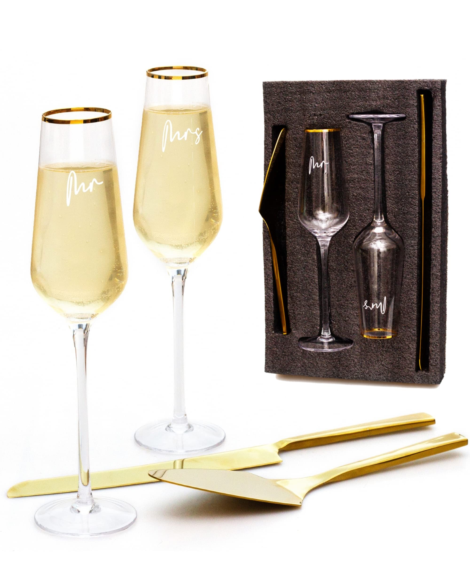 J&A Homes Gold Wedding Cake Knife Server Set and Toasting Flutes - Reception Bride Groom Wedding Party Champagne Glasses Pie Cake Cutting Engagement Gift