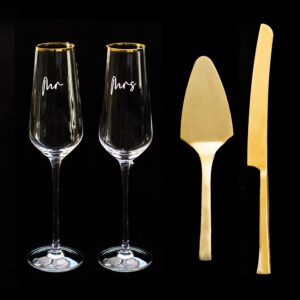 J&A Homes Gold Wedding Cake Knife Server Set and Toasting Flutes - Reception Bride Groom Wedding Party Champagne Glasses Pie Cake Cutting Engagement Gift