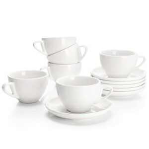 sweese 6 ounce cappuccino cups with saucers, porcelain double espresso cups set of 6 - white