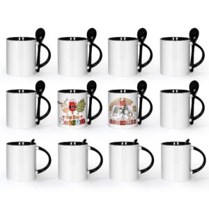 agh sublimation coffee mugs blank 11 oz, white straight ceramic cups with black interior, handle, spoon, bulk bundle set of 12