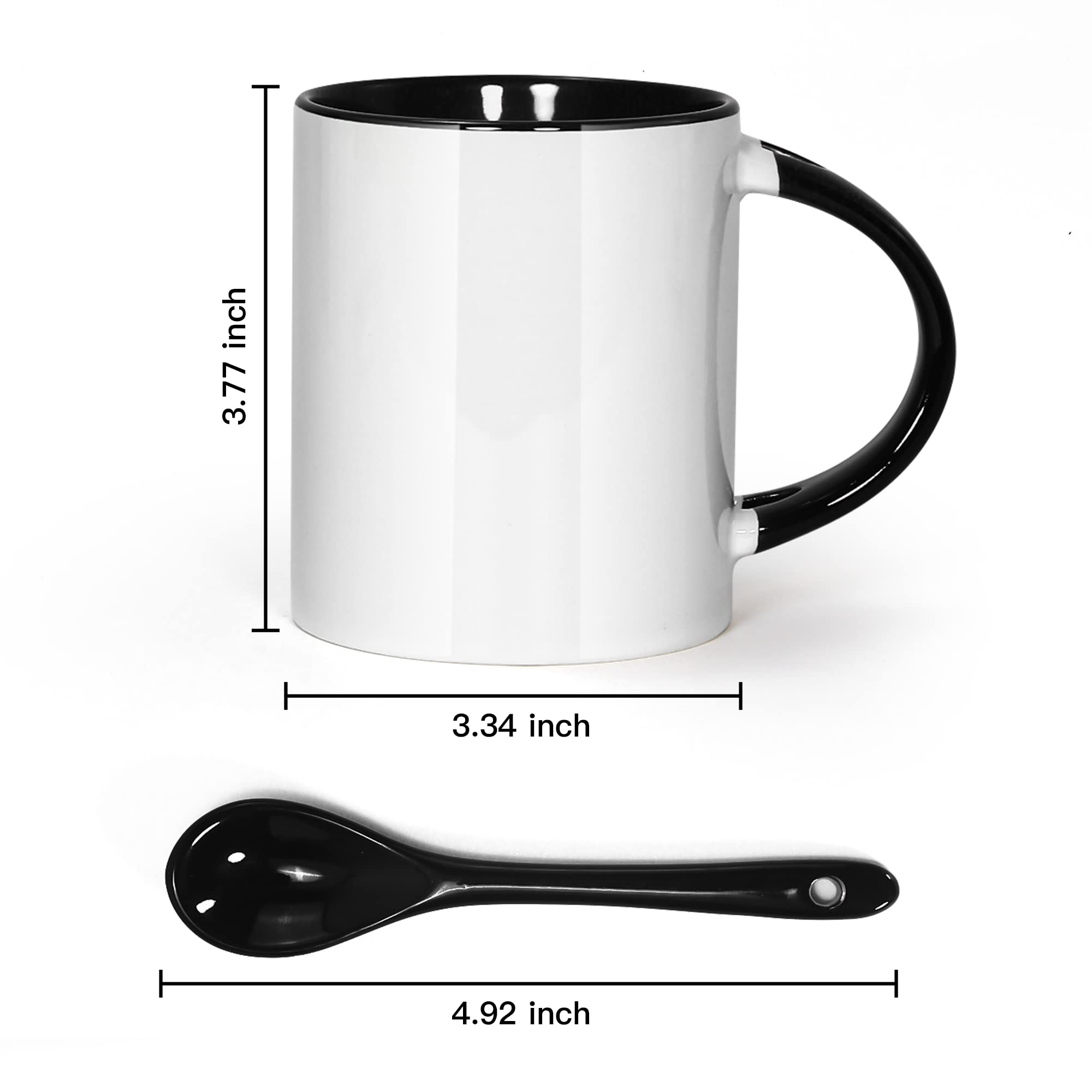 AGH Sublimation Coffee Mugs Blank 11 oz, White Straight Ceramic Cups with Black Interior, Handle, Spoon, Bulk Bundle Set of 12