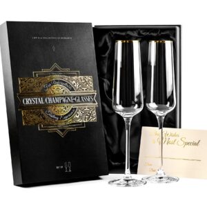 Gold Rim Champagne Gift Glasses | Set of 2 | Crystal Square Toasting Flutes for Bride and Groom, Wedding, Anniversary, Birthday | Elegant Long Stemmed Glassware for Sparkling Wine, Prosecco