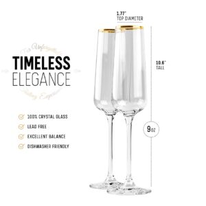 Gold Rim Champagne Gift Glasses | Set of 2 | Crystal Square Toasting Flutes for Bride and Groom, Wedding, Anniversary, Birthday | Elegant Long Stemmed Glassware for Sparkling Wine, Prosecco