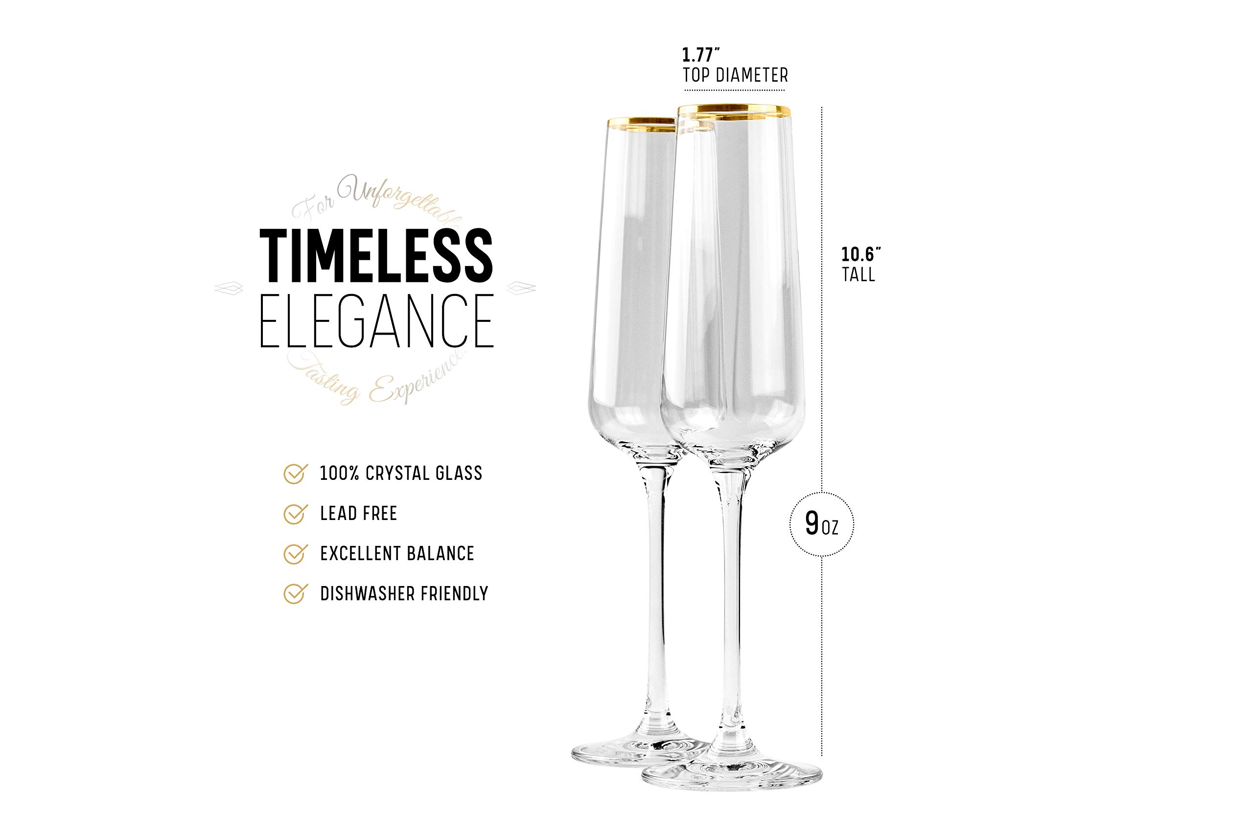 Gold Rim Champagne Gift Glasses | Set of 2 | Crystal Square Toasting Flutes for Bride and Groom, Wedding, Anniversary, Birthday | Elegant Long Stemmed Glassware for Sparkling Wine, Prosecco