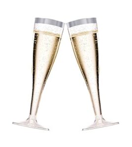 bloomingoods 50 plastic silver glitter champagne flutes | 7 oz. clear hard disposable party & wedding glass | premium heavy duty fancy cup (50-pack)