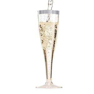 BloominGoods 50 Plastic Silver Glitter Champagne Flutes | 7 oz. Clear Hard Disposable Party & Wedding Glass | Premium Heavy Duty Fancy Cup (50-Pack)