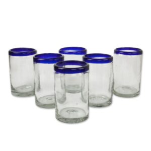 novica artisan crafted hand blown clear cobalt blue rim recycled glass tumblers,14 oz. 'classic' (set of 6)