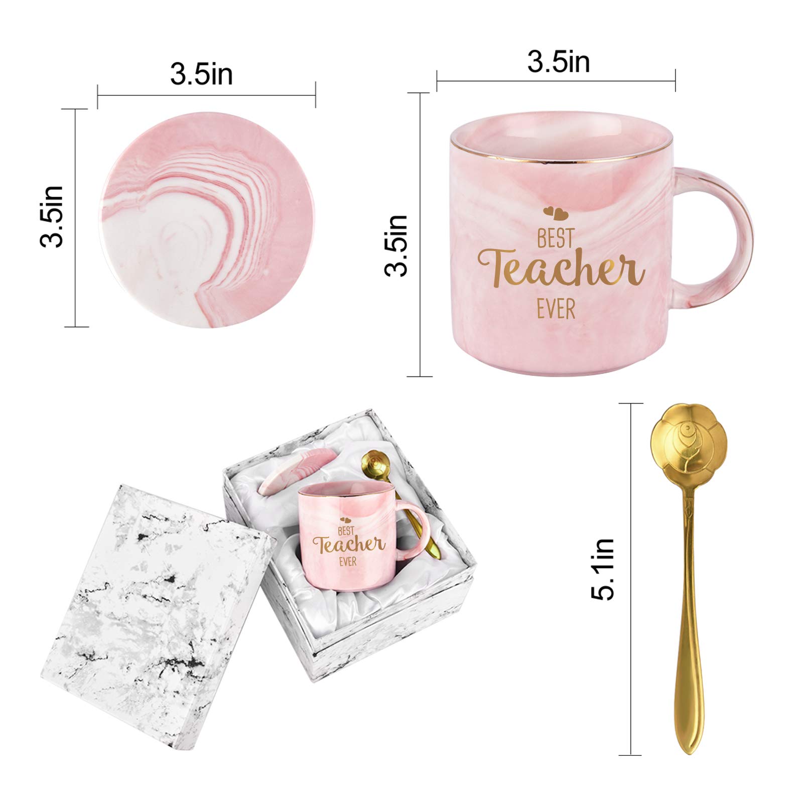 Maustic Teacher Coffee Mug for Women Best Teacher Ever Coffee Mug Teacher Appreciation for Teachers Women Teacher Pink 12 Ounce with Box Packing Spoon and Coaster