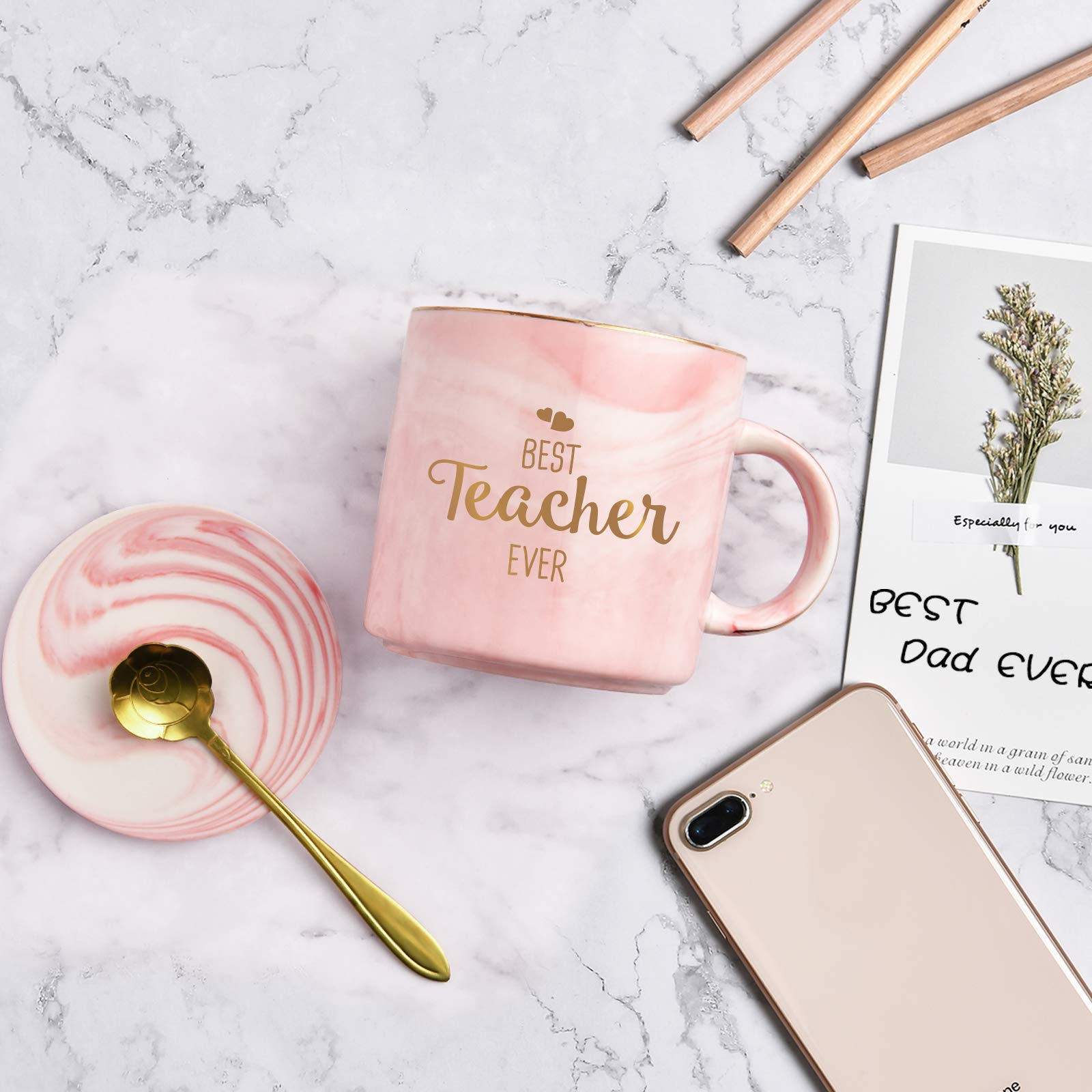 Maustic Teacher Coffee Mug for Women Best Teacher Ever Coffee Mug Teacher Appreciation for Teachers Women Teacher Pink 12 Ounce with Box Packing Spoon and Coaster