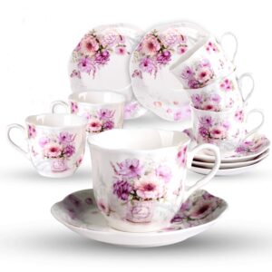 guangyang china tea cups and saucers set of 6-7ounce/200ml - tea gift sets for adults - purple floral porcelain teacup with saucer for tea party(total 12 pieces)