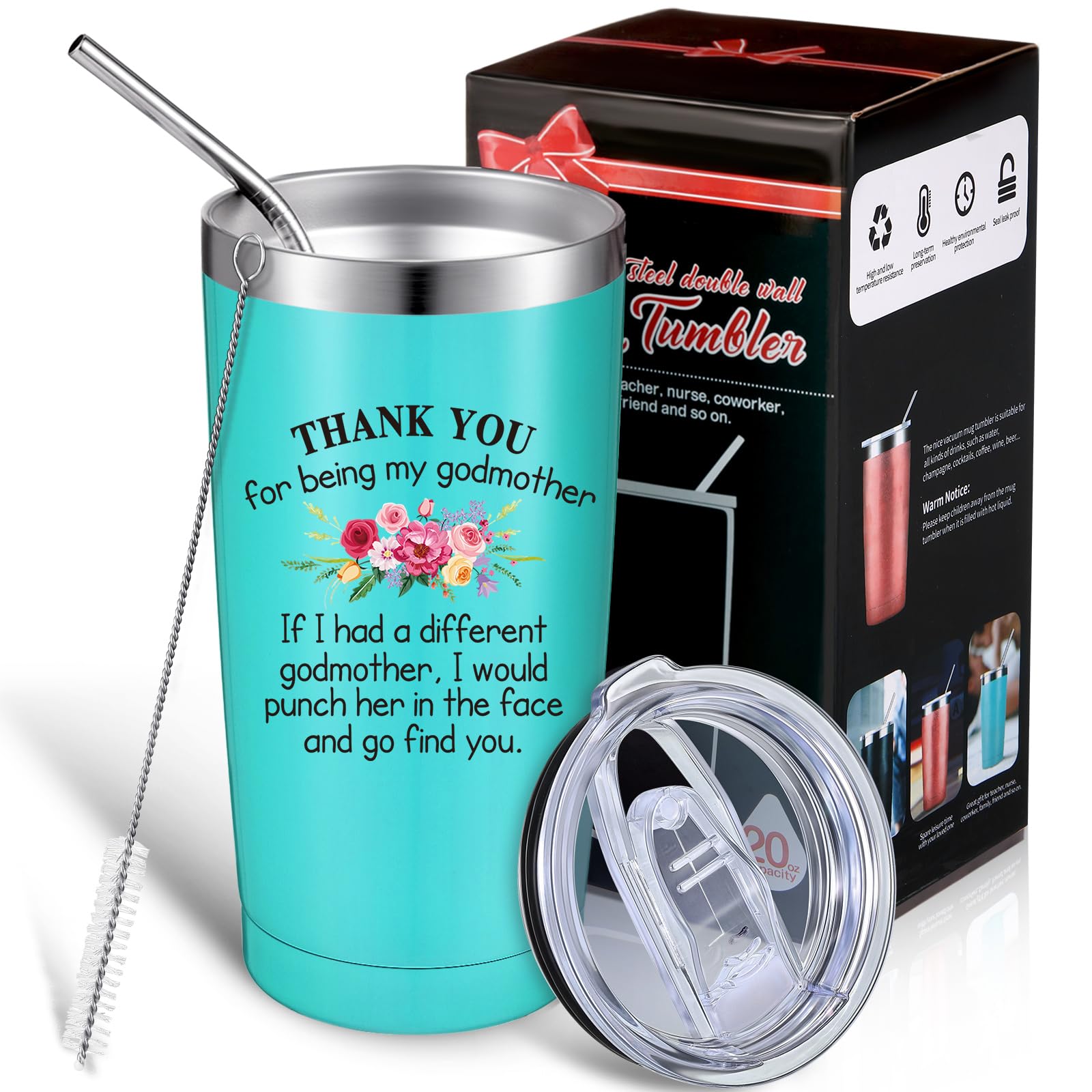 Patelai Funny Godmother Gift, Thank You for Being My Godmother Personalized Mother's Day Gift for Godmother Mother, 20 oz Insulated Vacuum Mug Tumbler with Lid Straw Brush (Mint)