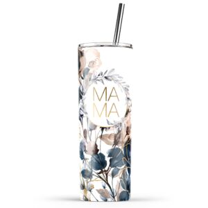 younique designs floral mama coffee tumbler with straw and lid, 20 oz, insulated stainless steel skinny tumbler for women, flower mom tea tumbler, mom life water tumbler cup