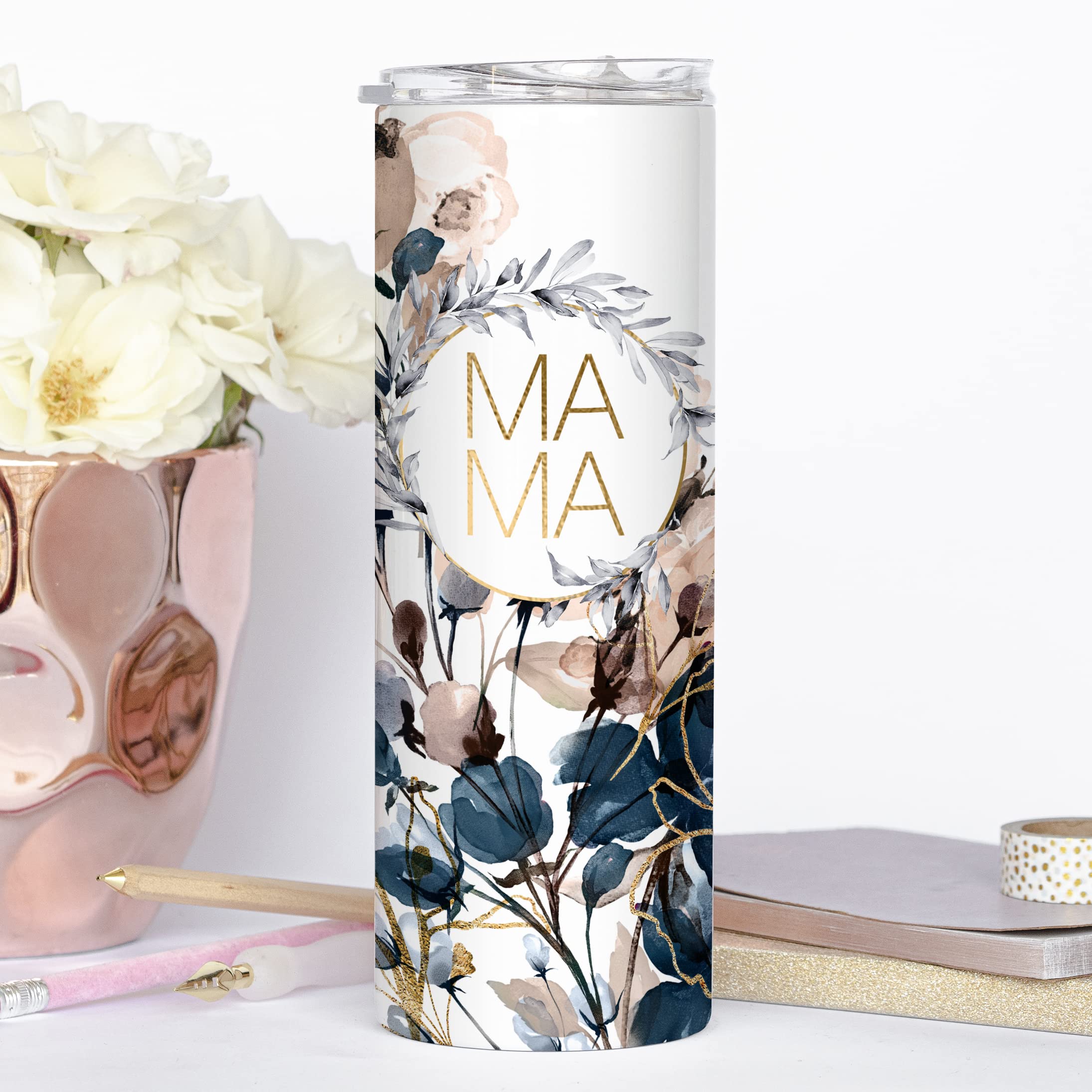 YouNique Designs Floral Mama Coffee Tumbler with Straw and Lid, 20 Oz, Insulated Stainless Steel Skinny Tumbler for Women, Flower Mom Tea Tumbler, Mom Life Water Tumbler Cup