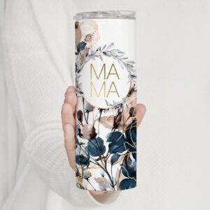 YouNique Designs Floral Mama Coffee Tumbler with Straw and Lid, 20 Oz, Insulated Stainless Steel Skinny Tumbler for Women, Flower Mom Tea Tumbler, Mom Life Water Tumbler Cup