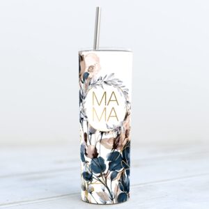 YouNique Designs Floral Mama Coffee Tumbler with Straw and Lid, 20 Oz, Insulated Stainless Steel Skinny Tumbler for Women, Flower Mom Tea Tumbler, Mom Life Water Tumbler Cup