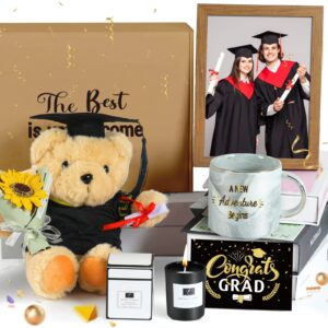 Graduation Gift Box for Firend 2024 Graduation Gifts Basket Includes for He Photo Frames Grey Marble Coffee Mug Cute Bear Greeting Card Scented Candle Flower Graduation Gift Set for Girlfriend Sister