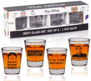 the office shot glass set, the office merchandise, the office gifts, 4pcs office inspired shot glasses, the office gifts for office lovers, the office tv show merchandise, the office show fans gifts