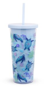 vera bradley travel tumbler with lid and straw, 24 ounce insulated cup, blue plastic double wall tumbler, turtle dream