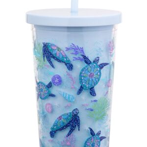 Vera Bradley Travel Tumbler with Lid and Straw, 24 Ounce Insulated Cup, Blue Plastic Double Wall Tumbler, Turtle Dream