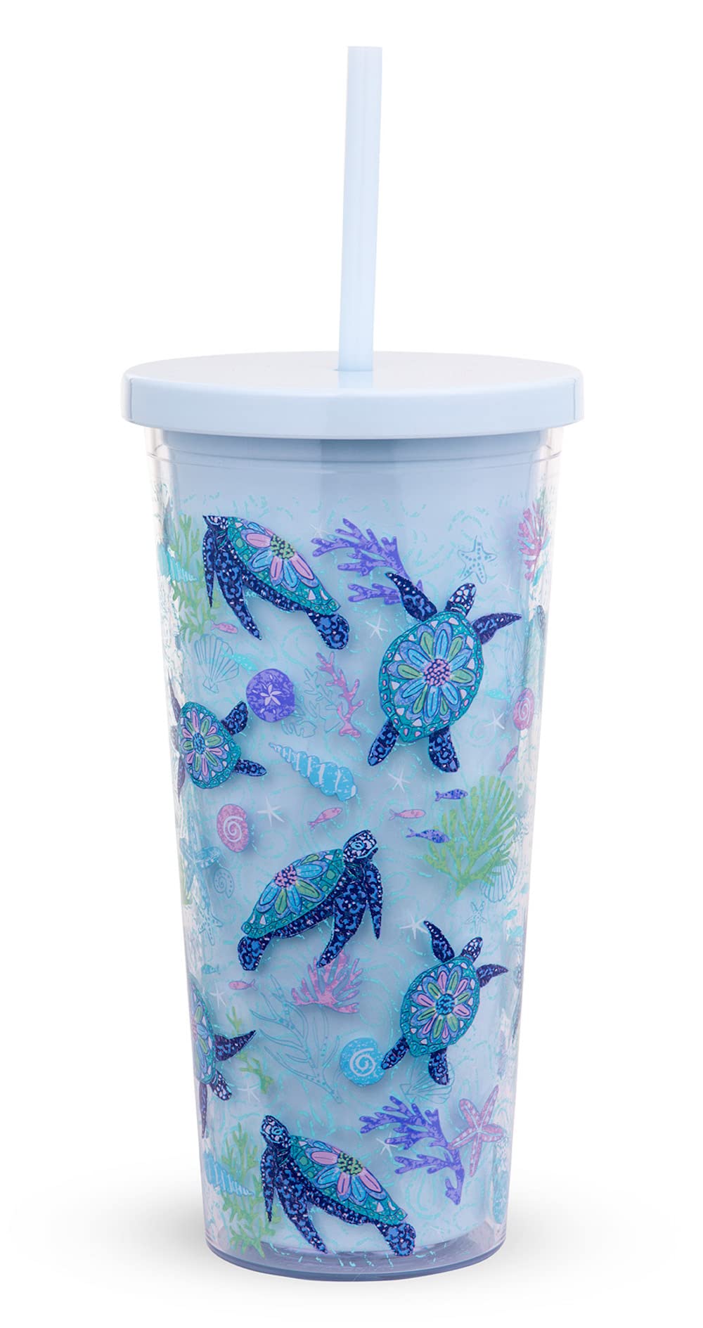 Vera Bradley Travel Tumbler with Lid and Straw, 24 Ounce Insulated Cup, Blue Plastic Double Wall Tumbler, Turtle Dream