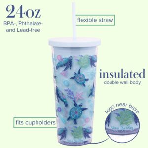 Vera Bradley Travel Tumbler with Lid and Straw, 24 Ounce Insulated Cup, Blue Plastic Double Wall Tumbler, Turtle Dream