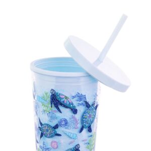 Vera Bradley Travel Tumbler with Lid and Straw, 24 Ounce Insulated Cup, Blue Plastic Double Wall Tumbler, Turtle Dream