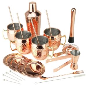 pg [gift set] ultimate moscow mule ss copper plated set 25pc | 3pc cocktail shaker, 4x mugs, 4x straws, 4x cocktail picks, straw cleaner, 4x coaster, strainer, tongs, muddler, jigger, stirrer