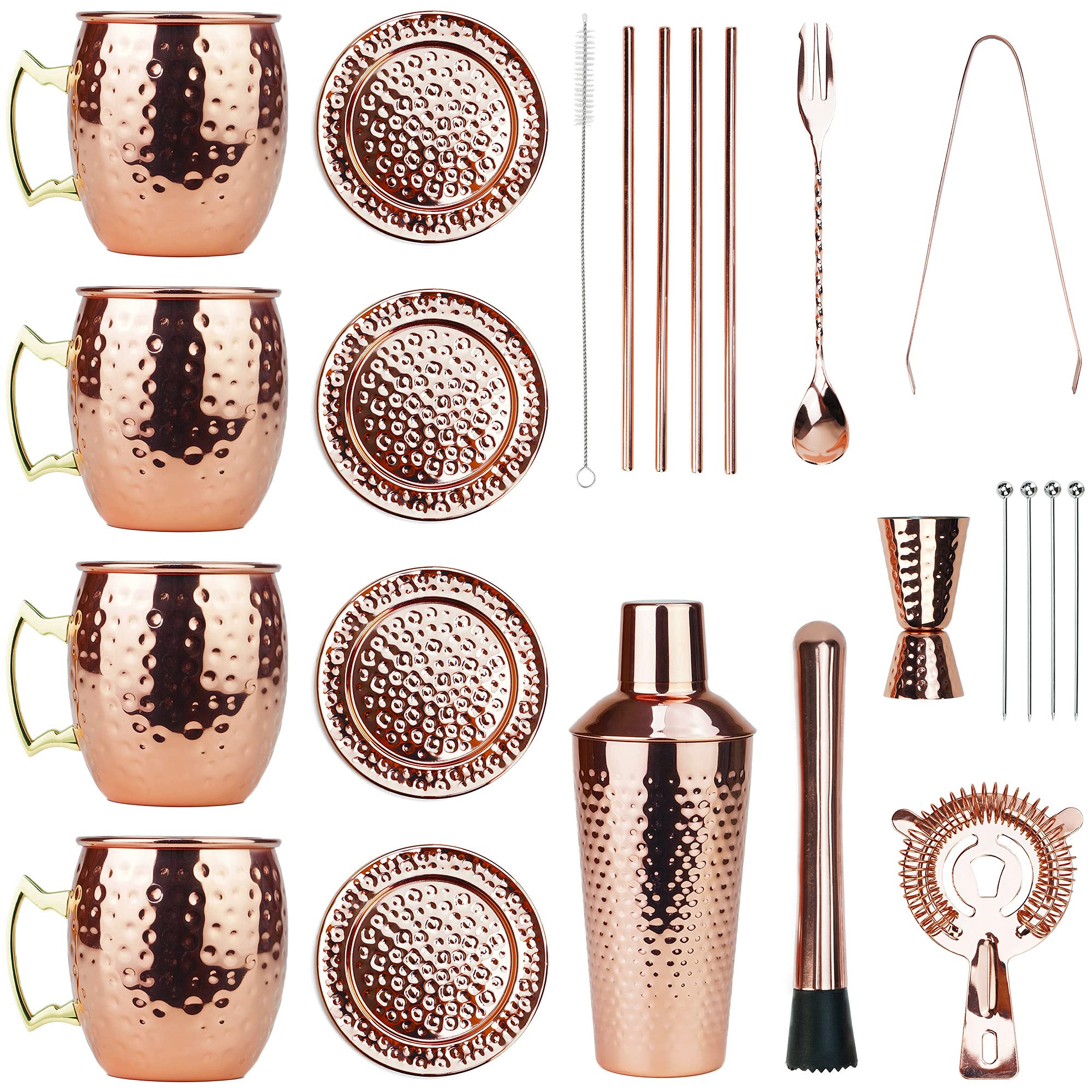 PG [Gift Set] Ultimate Moscow Mule SS Copper Plated Set 25PC | 3pc Cocktail Shaker, 4x Mugs, 4x Straws, 4x Cocktail Picks, Straw Cleaner, 4x Coaster, Strainer, Tongs, Muddler, Jigger, Stirrer