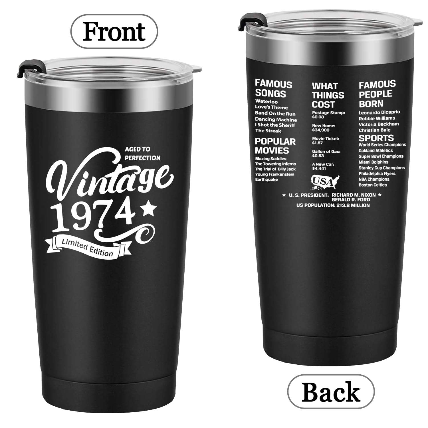 Greatingreat 1974 50th Birthday Gift for Women and Men - 50th Gifts for Parents - 50th Class Reunion - Mom Dad Wife Husband Present - 20oz Tumbler Cup Black