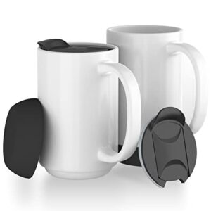 extra large ceramic coffee mug w/lid and removable silicone base - 17 ounce slideproof coffee cups w/handle and sip and cover lid - set of 2 dishwasher safe ceramic travel mugs - reusable white cup