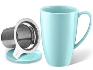 yedio porcelain tea mug with infuser and lid- 15 ounce tea cup with filter for tea, milk, coffee, loose leaf tea infusers, turquoise