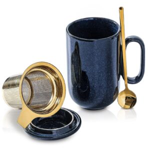 ceramic tea cup mug infuser - vicrays large 16 oz hot loose steeping handle teacup with leaf infuser spoon lid - blue tall glazed strainer coffee mug microwave safe - blue