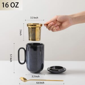 Ceramic Tea Cup Mug Infuser - VICRAYS Large 16 oz Hot Loose Steeping Handle Teacup with Leaf Infuser Spoon Lid - Blue Tall Glazed Strainer Coffee Mug Microwave Safe - Blue