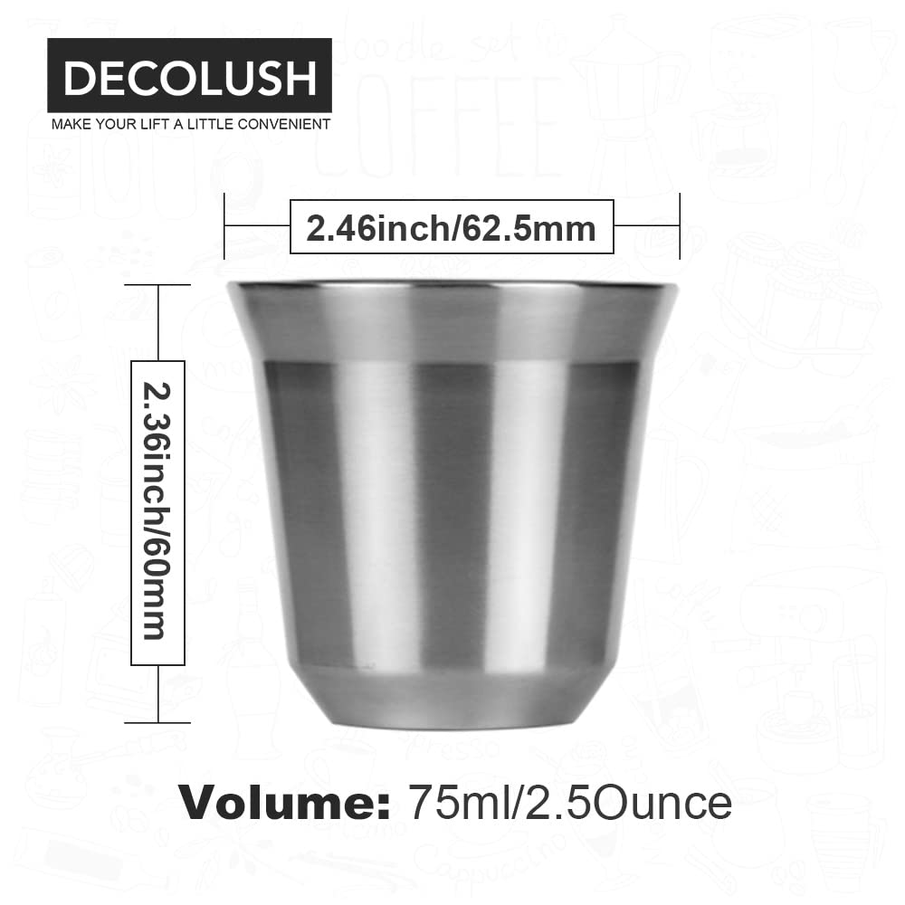 DECOLUSH 75mL (2.5 Ounce) Stainless Steel Espresso Cups - 4 Pack Double Wall Insulated Cups Demitasse Cups Coffee Cup For Drinking, Drinking Coffee, Drinking Beverages