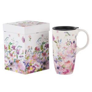topadorn ceramic coffee mug travel cup gift with lid 17oz, porcelain tall tea cup with handle for home & office, white & pink flower art pattern mug in gift box, 6.5''h