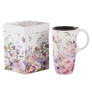 Topadorn Ceramic Coffee Mug Travel Cup Gift with Lid 17oz, Porcelain Tall Tea Cup with Handle for Home & Office, White & Pink Flower Art Pattern Mug in Gift Box, 6.5''H