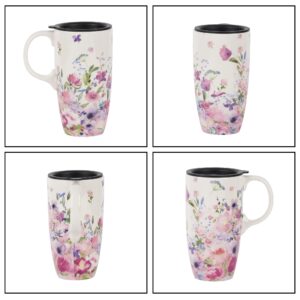 Topadorn Ceramic Coffee Mug Travel Cup Gift with Lid 17oz, Porcelain Tall Tea Cup with Handle for Home & Office, White & Pink Flower Art Pattern Mug in Gift Box, 6.5''H